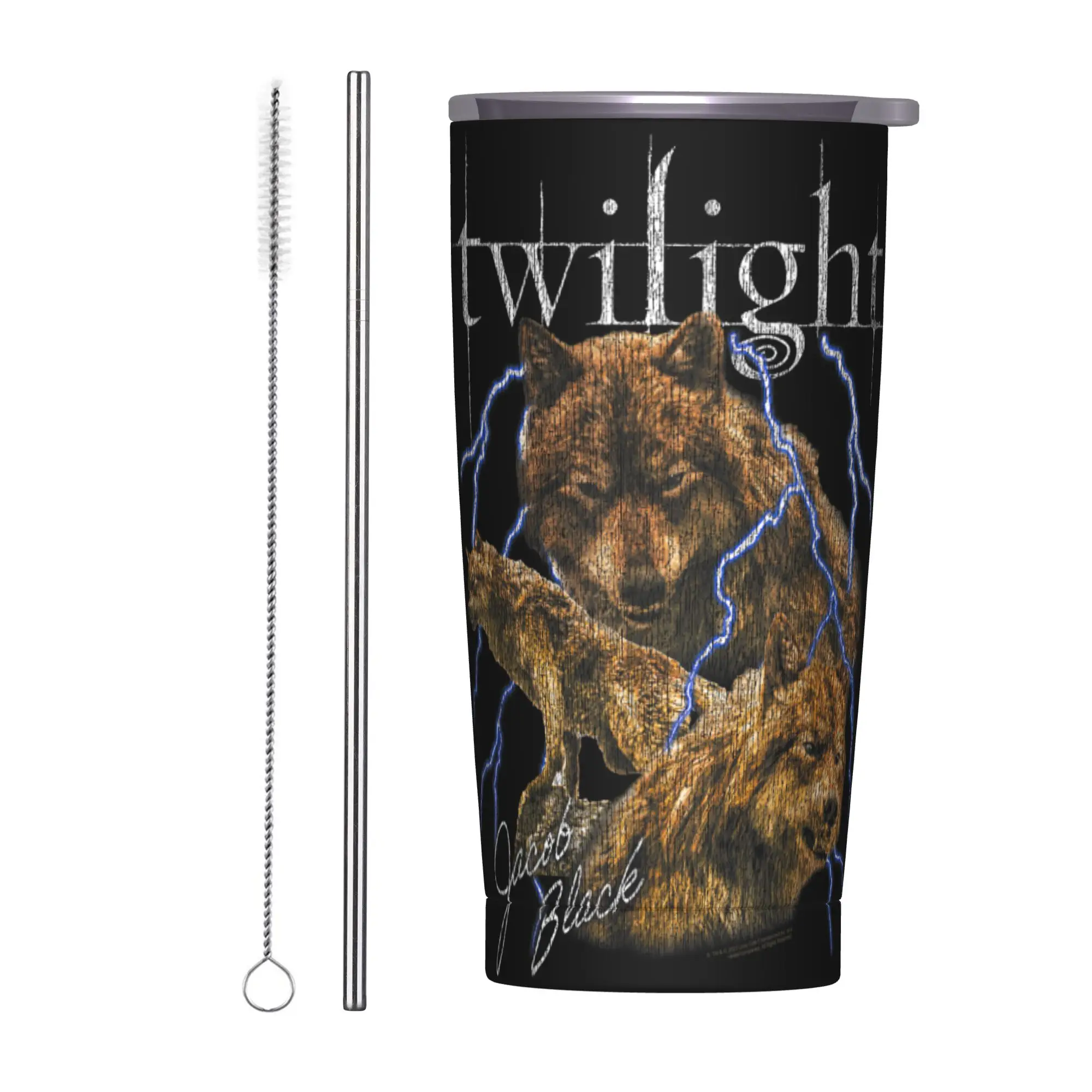 

20oz Twilight Saga Jacob Three Wolf Moon Vacuum Insulated Tumbler Werewolf Movie Mug Travel Reusable with Straw Lid Cup Thermal