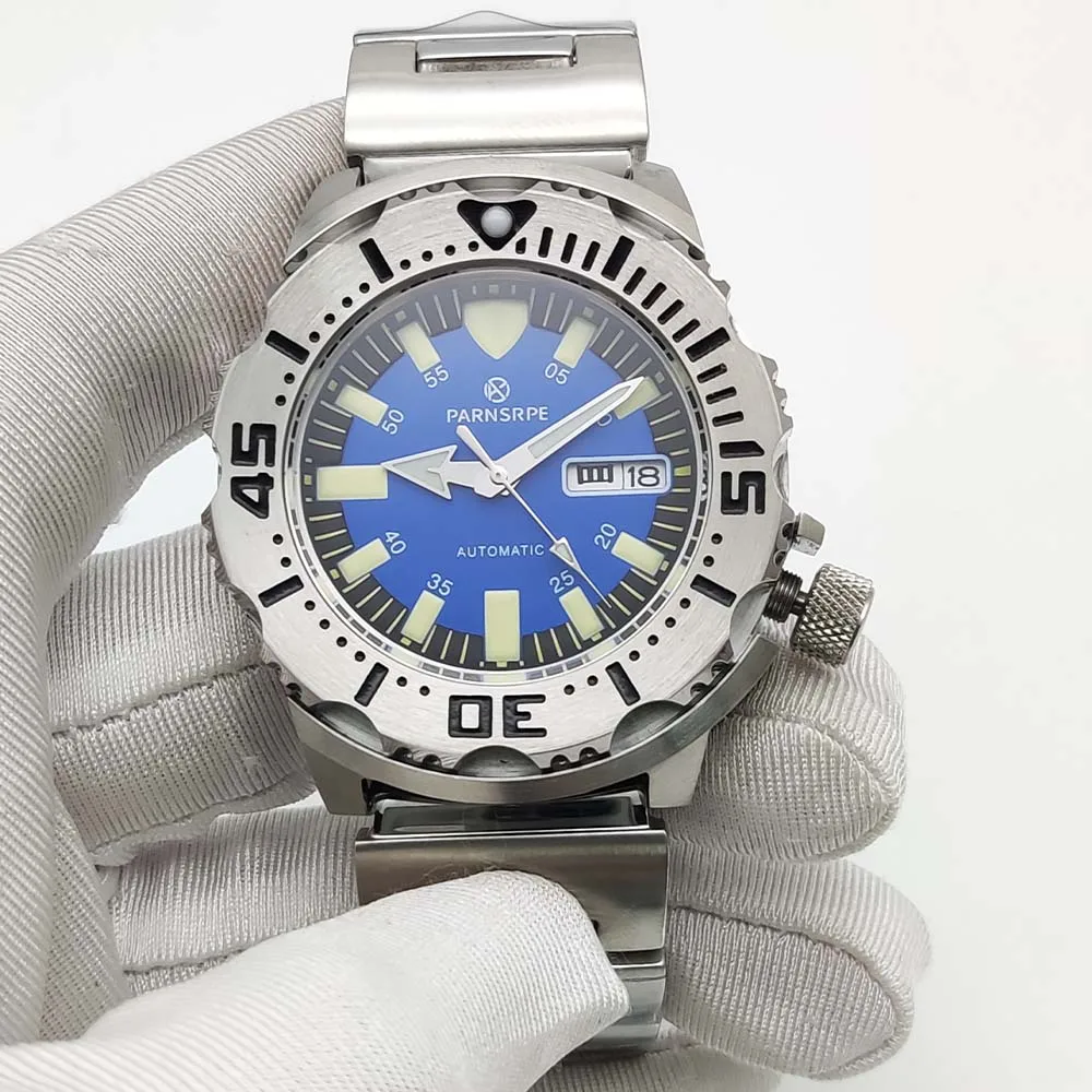 Parnsrpe New 45mm Blue Dial Luminous NH36 Automatic Stainless Steel Waterproof Watch Unidirectional Rotating Bezel