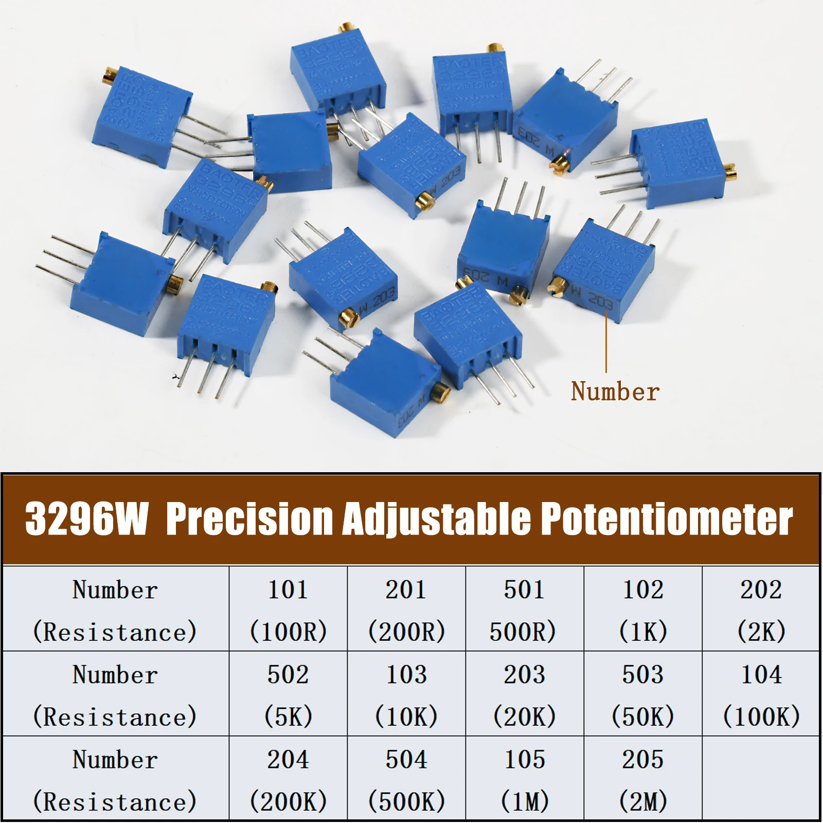 10pcs 3296W Potentiometer Precision Adjustable Variable Resistor Multi-Turn Trimming 1k 10K 100K 1M 50R 100R