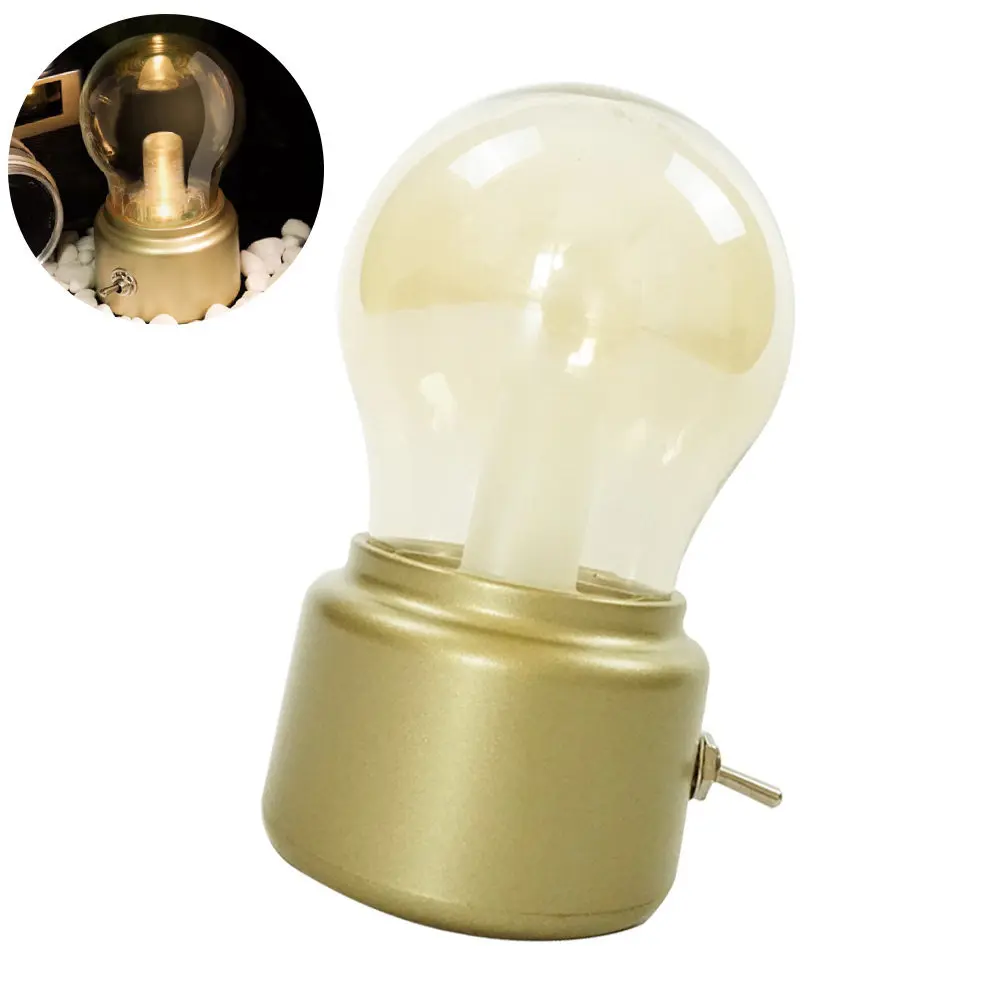 Vintage Bulb Night Light Creative Mini LED Rechargeable Table Lamp Metal Lever Switch Round Bulb Shape for Bedroom Home Cafe Bar