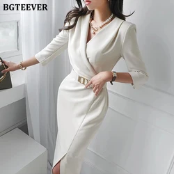 BGTEEVER Elegant V-neck Women Bodycon Dress Spring Autumn Vestidos Half Sleeve Belted Split Package Hip Dress Female