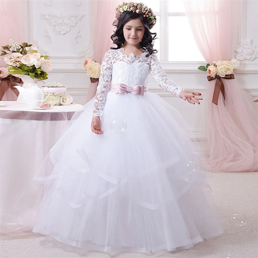 Vestidos blancos de encaje esponjoso para niña, vestidos de flores para bodas, mangas largas, vestido de baile de tul, vestidos de fiesta para