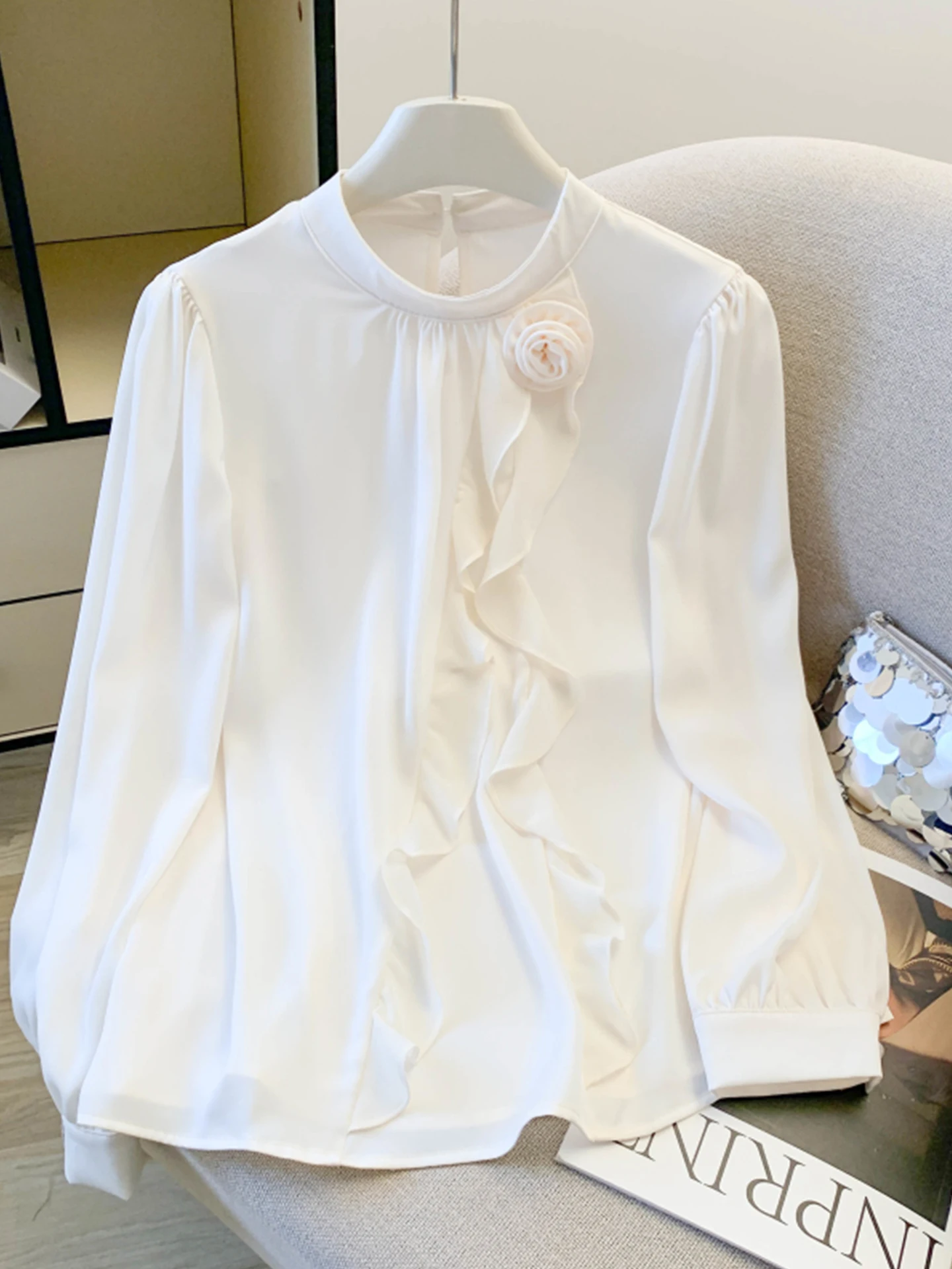 

Emily Clud Premium Satin Long Sve irt with 3D Flower Decoration And Lace Hem Casual Loose Fit Women's Spring Autumn Top