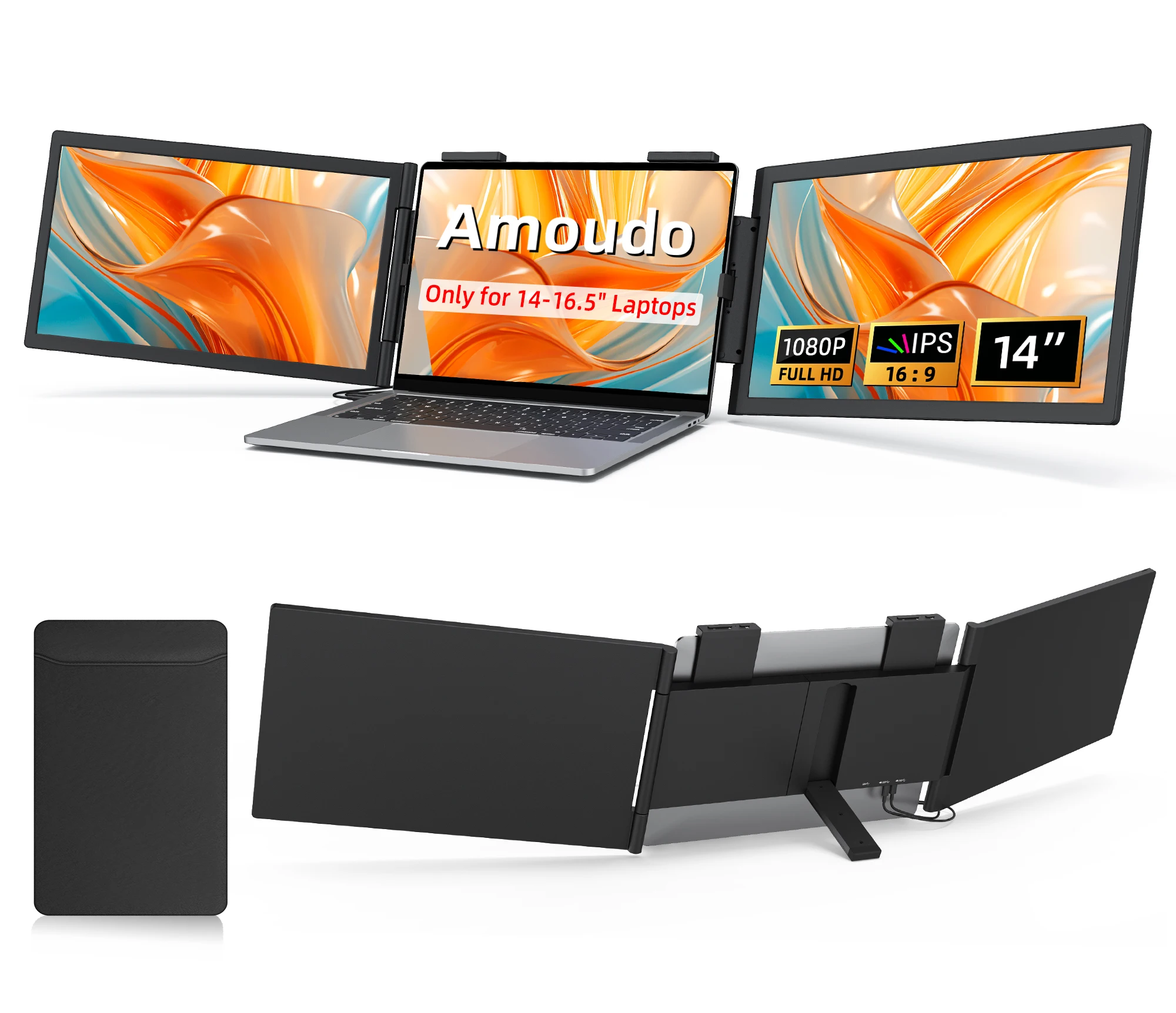 Monitor Portátil Doble para Laptop Amoudo de 14 Pulgadas, 1920*1080P IPS, Monitor Triple con Puerto USB-C para Laptops de 14-16.5 Pulgadas, Windows/Mac, Xbox