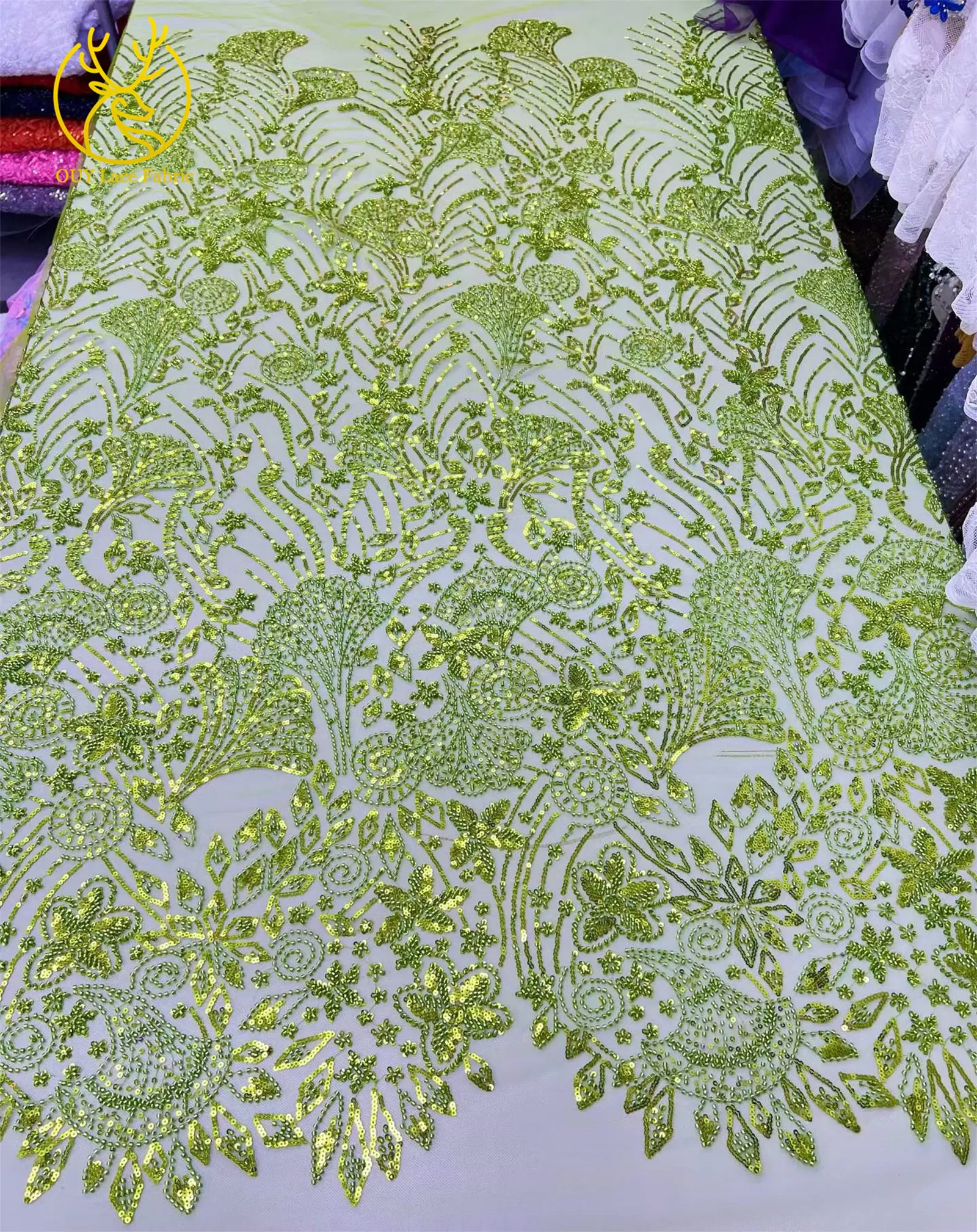 Grüner eleganter afrikanischer Perlen-Pailletten-Spitzenstoff, 5 Yards, hochwertige nigerianische Mesh-Tüllspitze für Damen, Abschlussball, Partykleid, Nähen – Detail 5