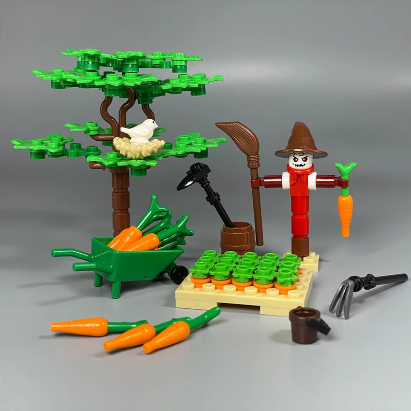 

MOC Small Particle Assembly Toy Farm Scarecrow Carrot Vegetable Garden Treehouse Countryside DIY Scene Decoration Blos