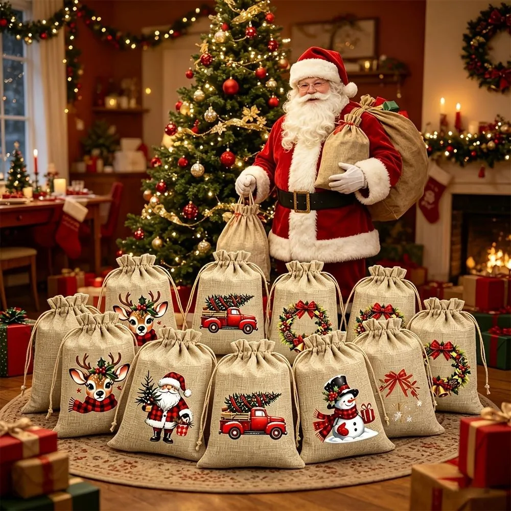 Christmas Burlap Drawstring Design Gift Bags Reusable Favors Packaging Bags for Candy Treats Holiday Party Decor Gift Bags 12PCS