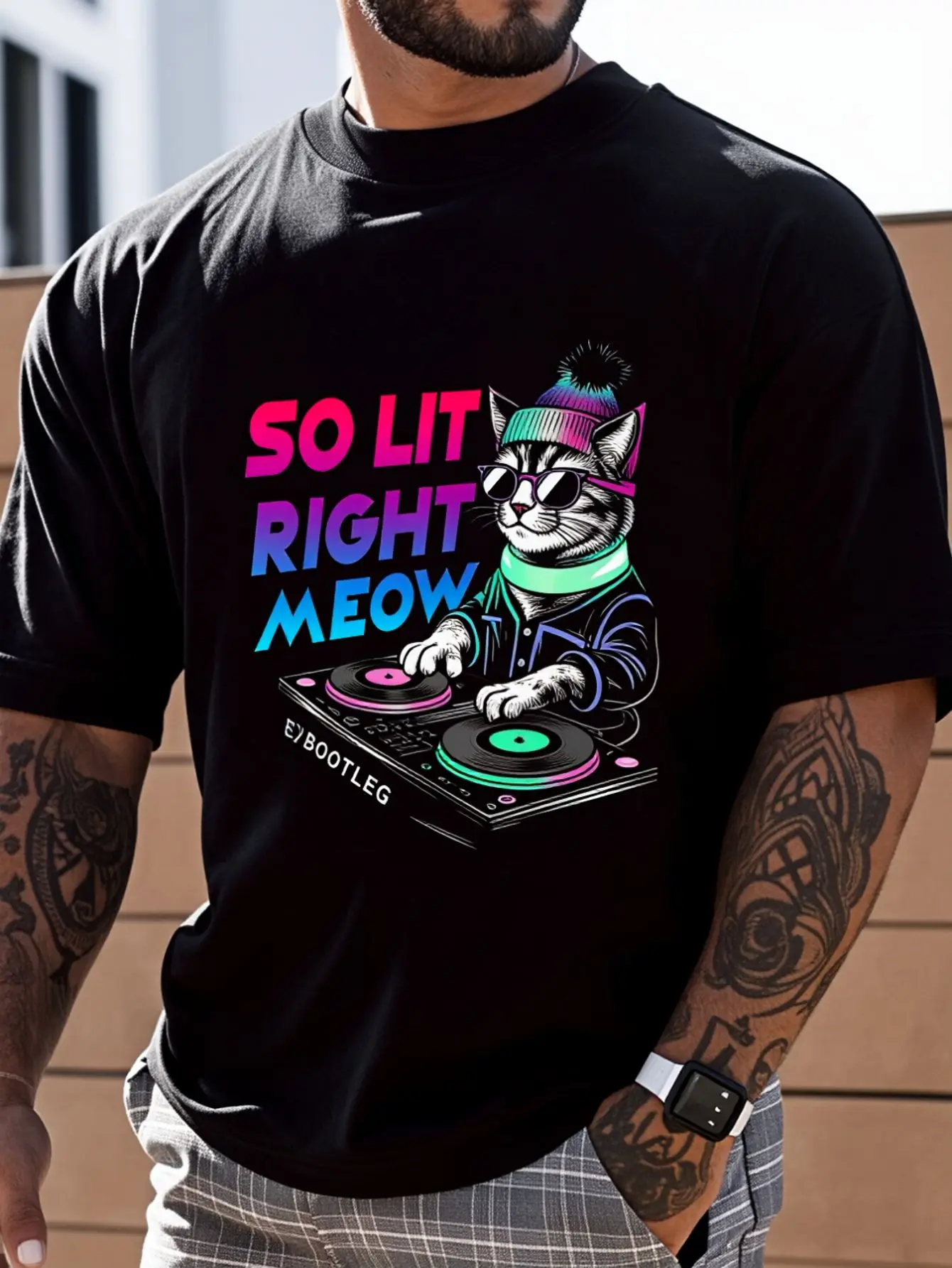 100% Cotton Funny Rave Graphic Clothing So Lit Right Meow DJ Tee T-Shirt Street Hip-Hop Style Men's T-Shirt