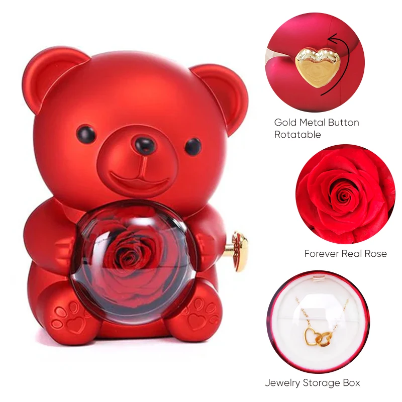 Caja de regalo de joyería de oso de peluche rosa gris, collar con nombre grabado, flor de Rosa Real eterna, regalos para su mujer, esposa, niña, nuevo 2024