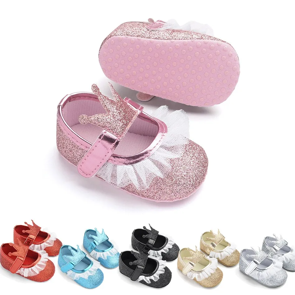 

Infant Moccasins Baby Princess Lace PU Leather Sneakers Toddler Anti-Slip Crown Birthday Mary Jane Shoes Newborn First Walkers