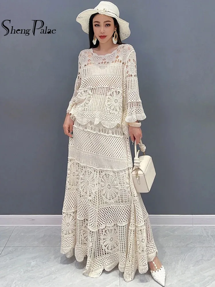 SHENGPALAE New Lace Set With Hollow Top Swing Long Skirt 2 Piece Set Fashionable Elegant Lady 2024 Spring Summer Clothes 5R9560