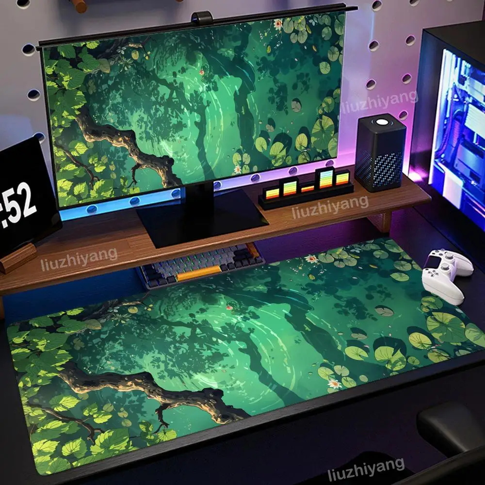 Lotus lagoa verde mouse pad grande computador escritório jogo tapete de mesa xxl borracha antiderrapante bordas costuradas teclado tapetes de mesa longos