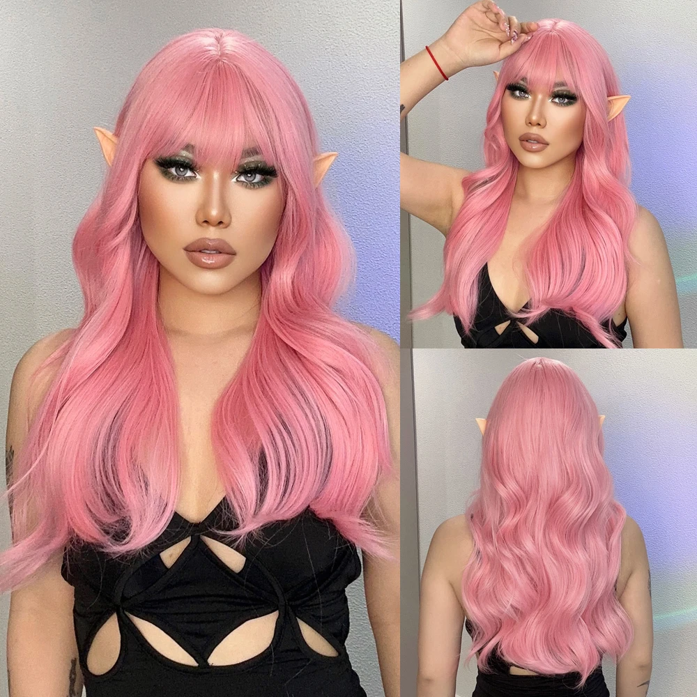 GEMMA Synthetic Light Pink Cosplay Wig with Bangs Long Wavy Natural Hair Wigs for White Women Lolita Party Heat Reisitant Wig