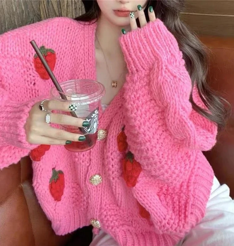 

Strawberry Sweet Cardigan Women Loose Long Sleeve Fashion Knitted Sweaters