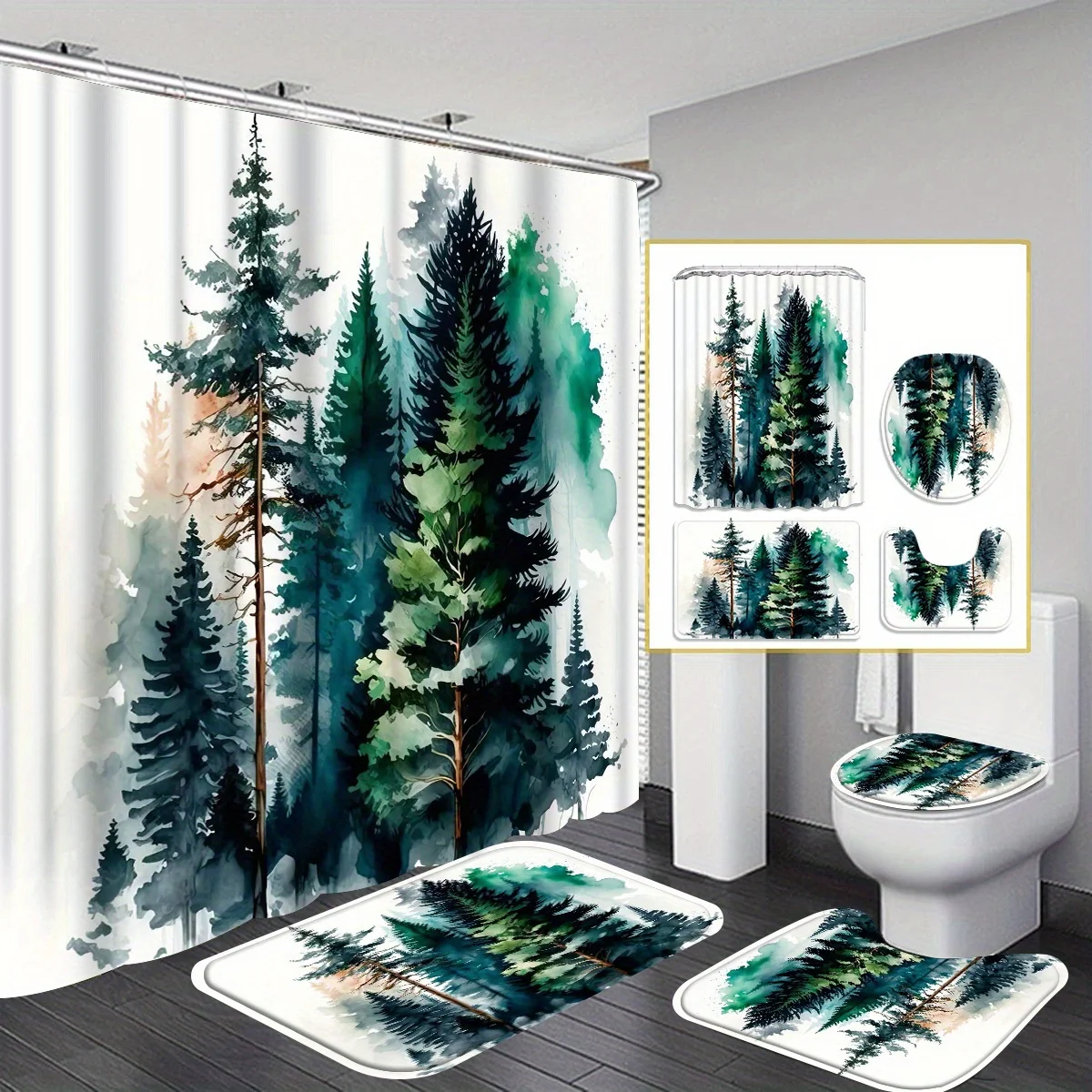 

Woods Decorative Shower Curtain Bathroom Set - Machine Washable, with 12 Hooks, including Toilet Seat Cover and Bathtub Mat