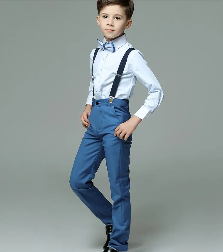 

Boys Summer Wedding Suit Kids Gentleman Shirt Suspender Pnats Bowtie 4PCS Formal Suit Child Photography Costume Teenager Uniform