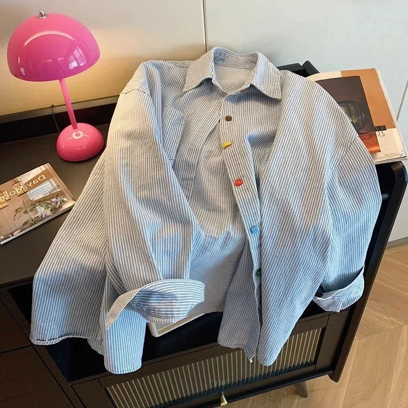 Vintage Striped Shirts Women Sweet Preppy Style Oversize Blouse Korean Fashion Chic Cute Button Turn Down Collar Long Sleeve Top