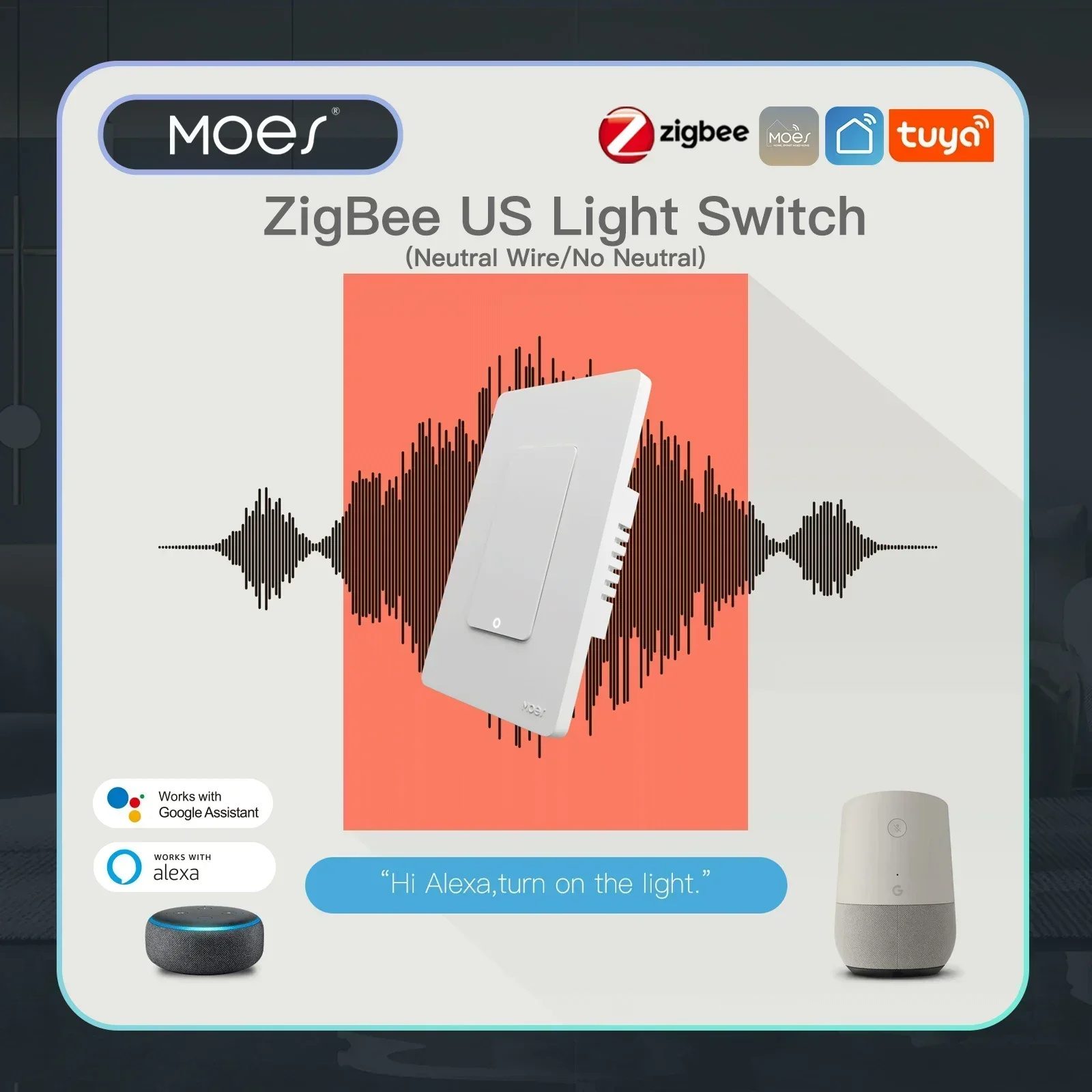 MOES Tuya ZigBee Smart Light Switch US Push Button Wall Switch Work With Alexa Google Home Neutral Wire/No Neutral Wire Required