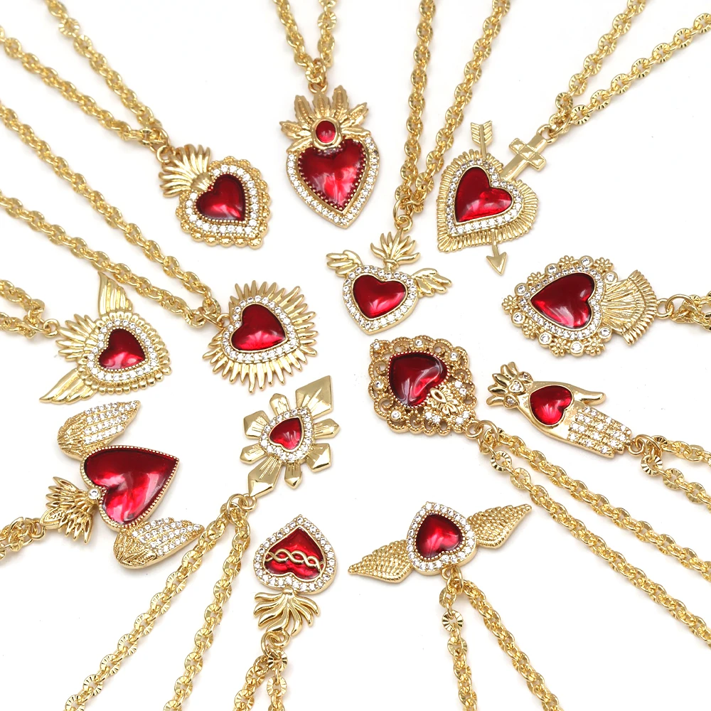 Cute Heart Charms Necklace for Women Gold Color Red Love Collares Long Copper Chains Excellent Quality Necklace Jewelry Gifts