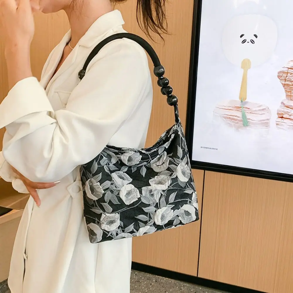 

Fashion Pleated Chinese Style Shoulder Bag Vintage Zipper Canvas Bag Wood Beading High-Capacity Jacquard Underarm Bag Travel