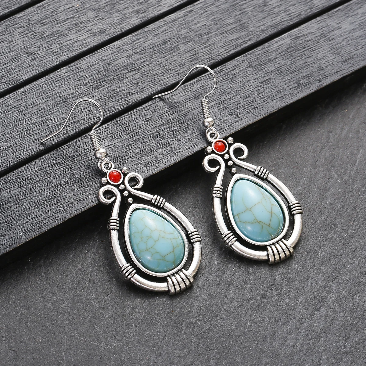 Ethnic Boho Water Drop Turquoises Stone Pendant Earring Set Vintage Silver Color Long Chain Necklace Sets Female Jewelry Bijoux