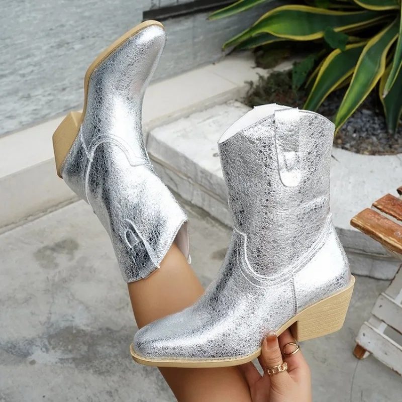 

Women's High Heel Leather Boots Autumn Winter New Style Large Size 41 42 43 Pointed Toe Slip-On Thick Ankle Boots Fashion New