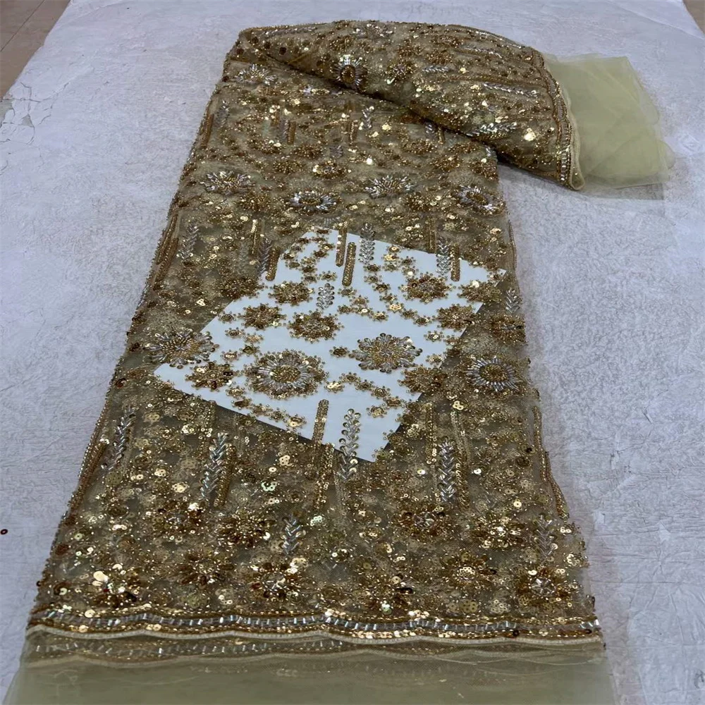 Tessuto di pizzo con paillettes africane 2024 pizzo di Tulle di alta qualità tessuto di pizzo con perline pesanti netto nigeriano francese per cucire abiti da sposa