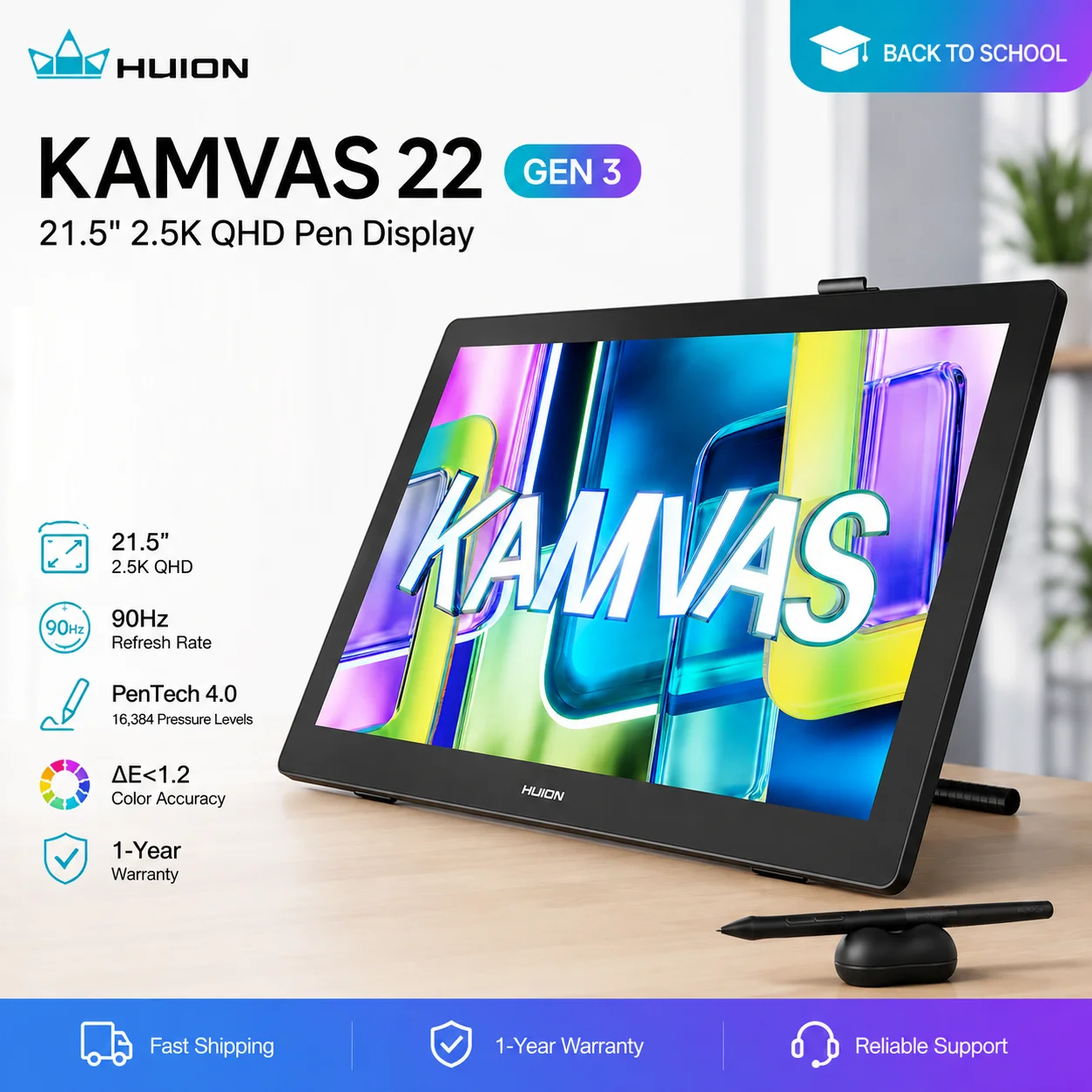Huion Kamvas 22 Gen 3 Graphics Tablet Pentech 4.0 16384 Pressure Levels 99%sRGB 21.5inch Support Linux MacOS Android Windows