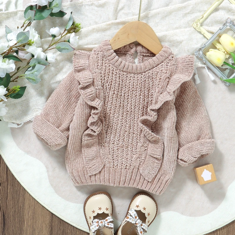 Suefunskry Baby Girl Sweater, Long Sleeve Crew Neck Frills Solid Color Winter Warm Knitted Pullover Tops Infant Knitwear Clothes