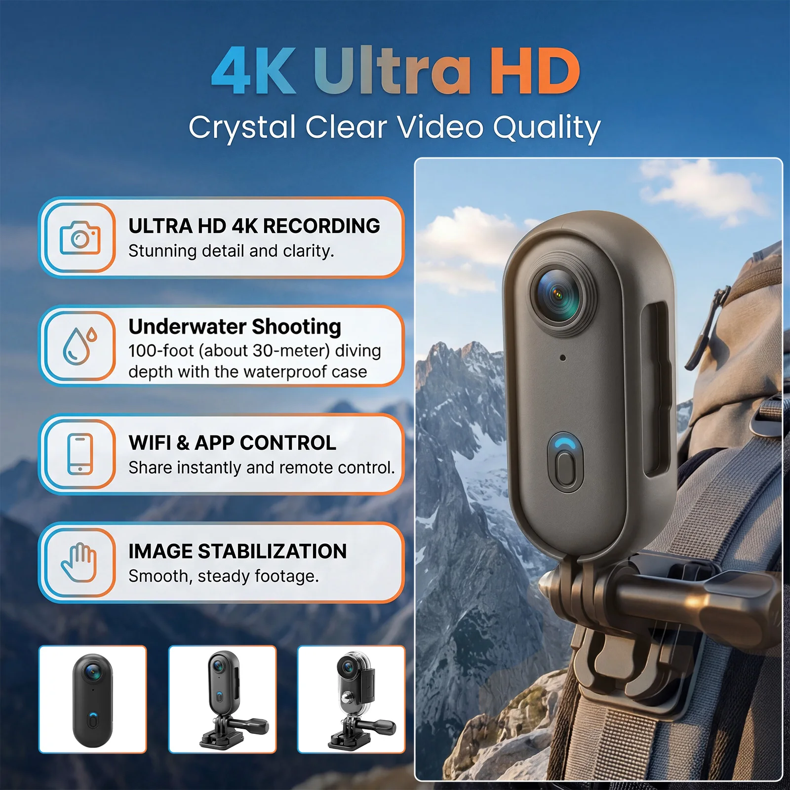 Podofo Mini Grabadora 4K, Cámara de Acción WIFI, Cámara Deportiva Impermeable del Tamaño de un Pulgar, Ideal para Correr, Ciclismo, Natación, Senderismo, Aventuras, etc.