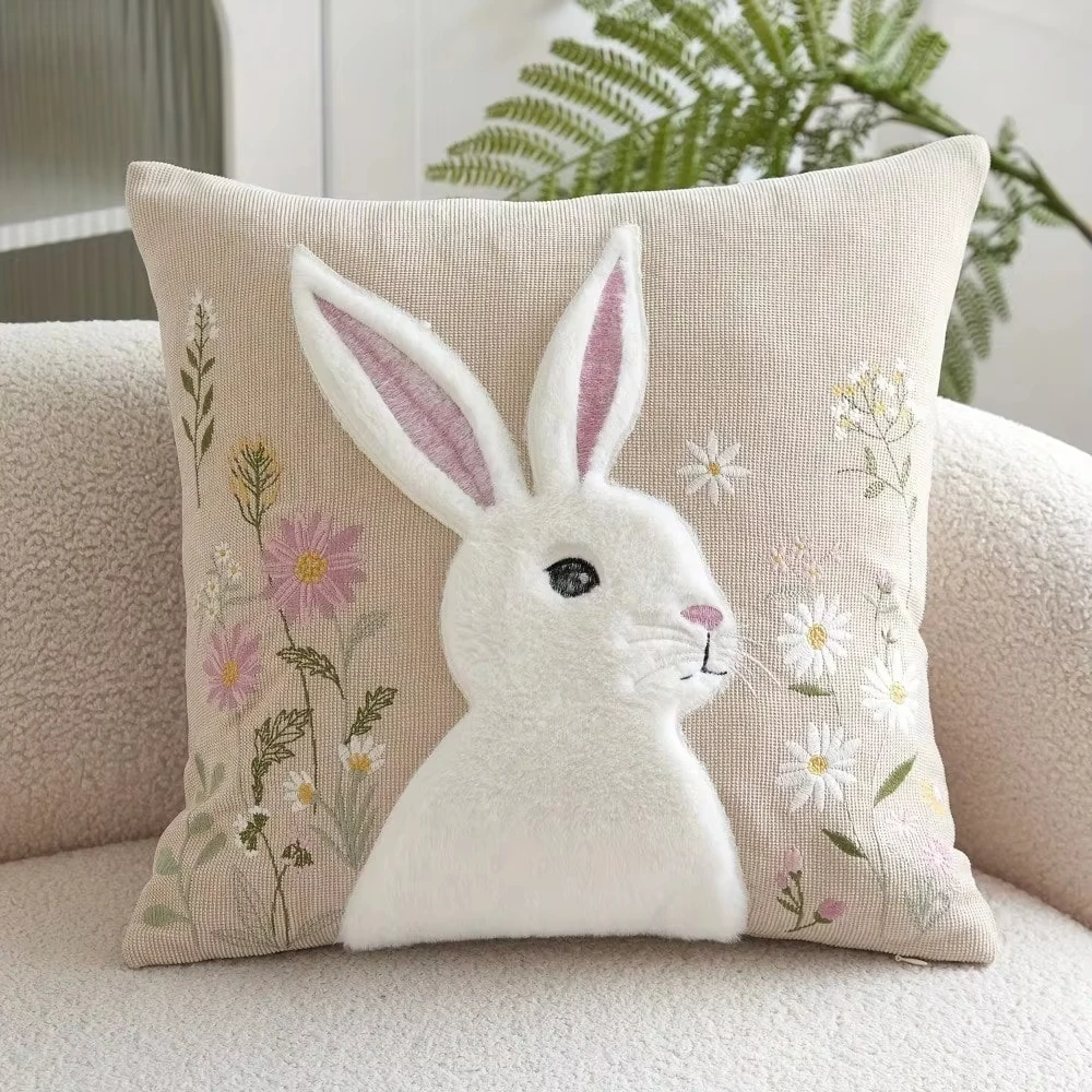1pc 3D Bunny Floral Pillow Cover Double Sided 2D Print Cute Stylish Cushion Case Home Living Room Bedroom Sofa Spring Decor Gift