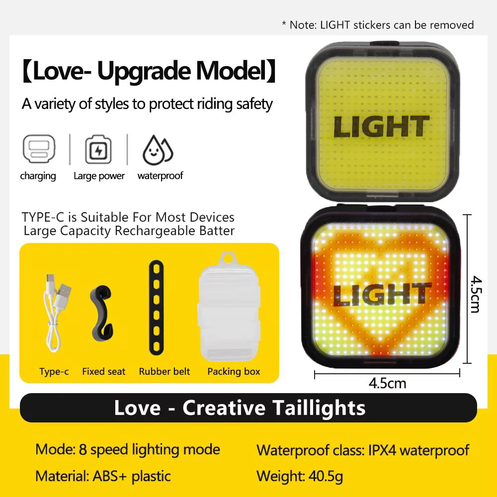 9 Modes Bicycle Taillights Palm Smiling Face Love Style USB Rechargeable Waterproof Bicycle Rear Light for Night Riding Safety