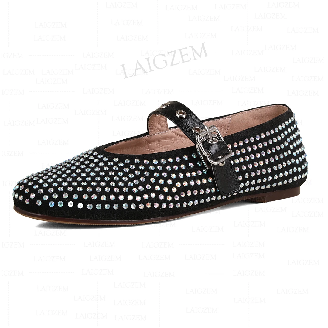 

LAIGZEM Women Flats Mary Janes Buckle Strap Flat Crystals Shoes Woman Round Toe Students Pregnant Footwear Big Size 33 39 41 42