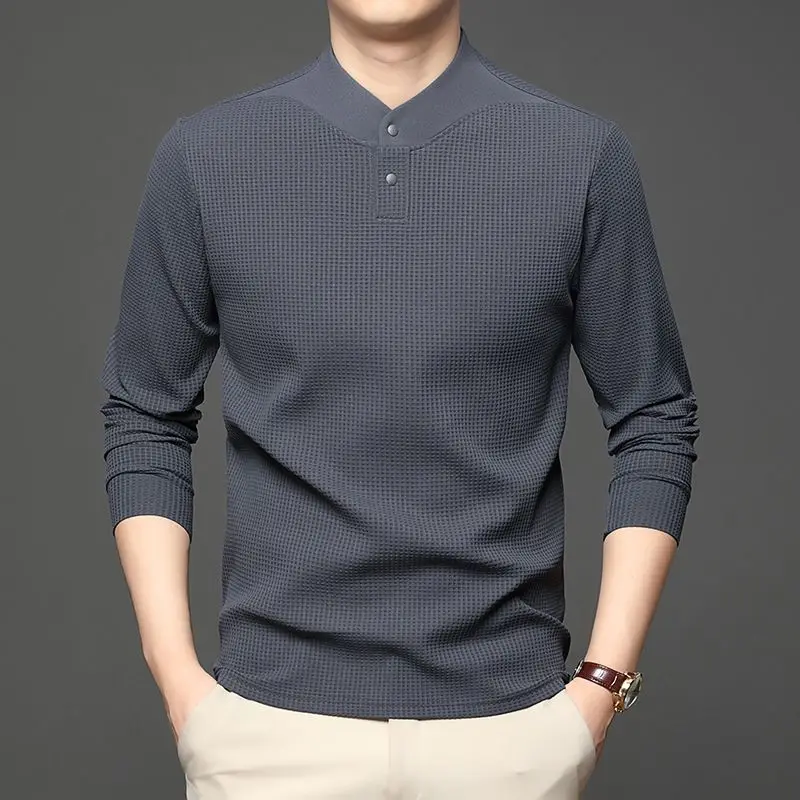 Men Wfle Knit Stand Collar Long Sleeve T Shirt Henley Neck Soft Comfy Business Casual Pullover Base Top
