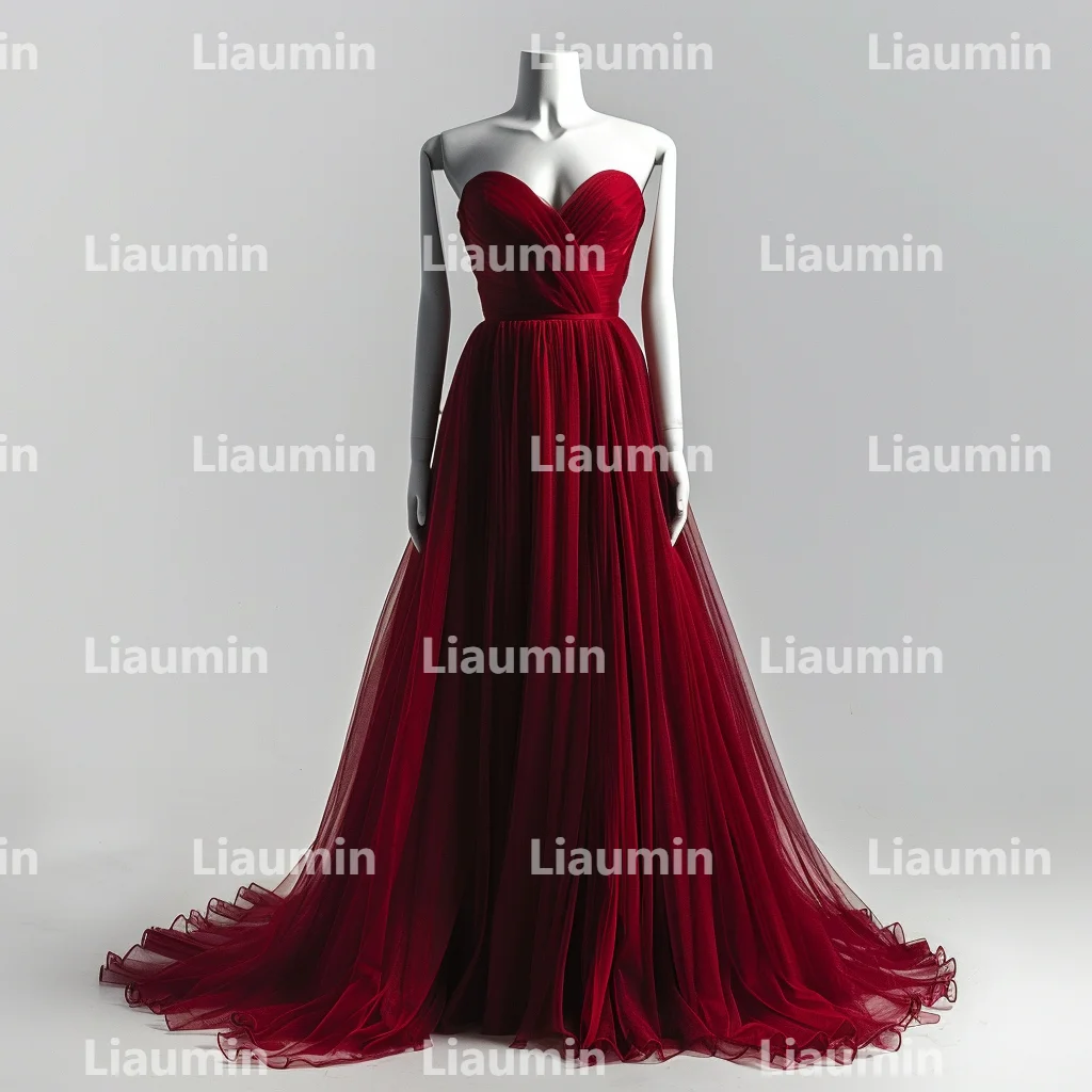 Custom Made Red Tulle Strapless Or V Neck Evening Prom Dresses Bridal Gowns Floor Length Formal Occasion Party Clothing W15-40