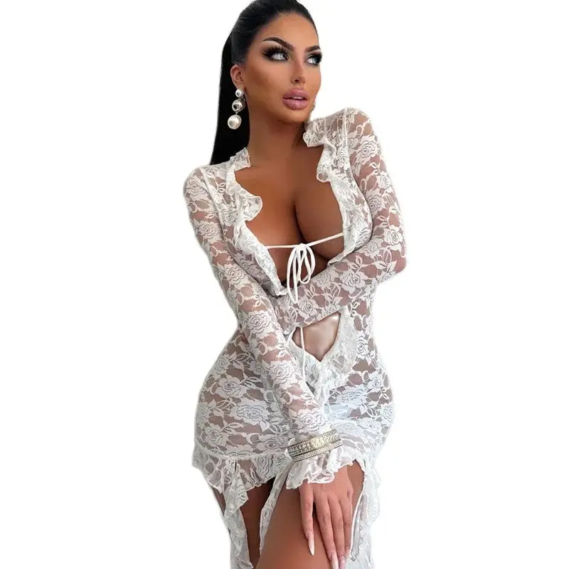 Kryptograficzna koronka z przezroczystym krawatem z przodu Mini sukienka z długim rękawem i frędzlami dla kobiet impreza klubowa seksowna sukienki bandażowe typu Bodycon — zdjęcie 2