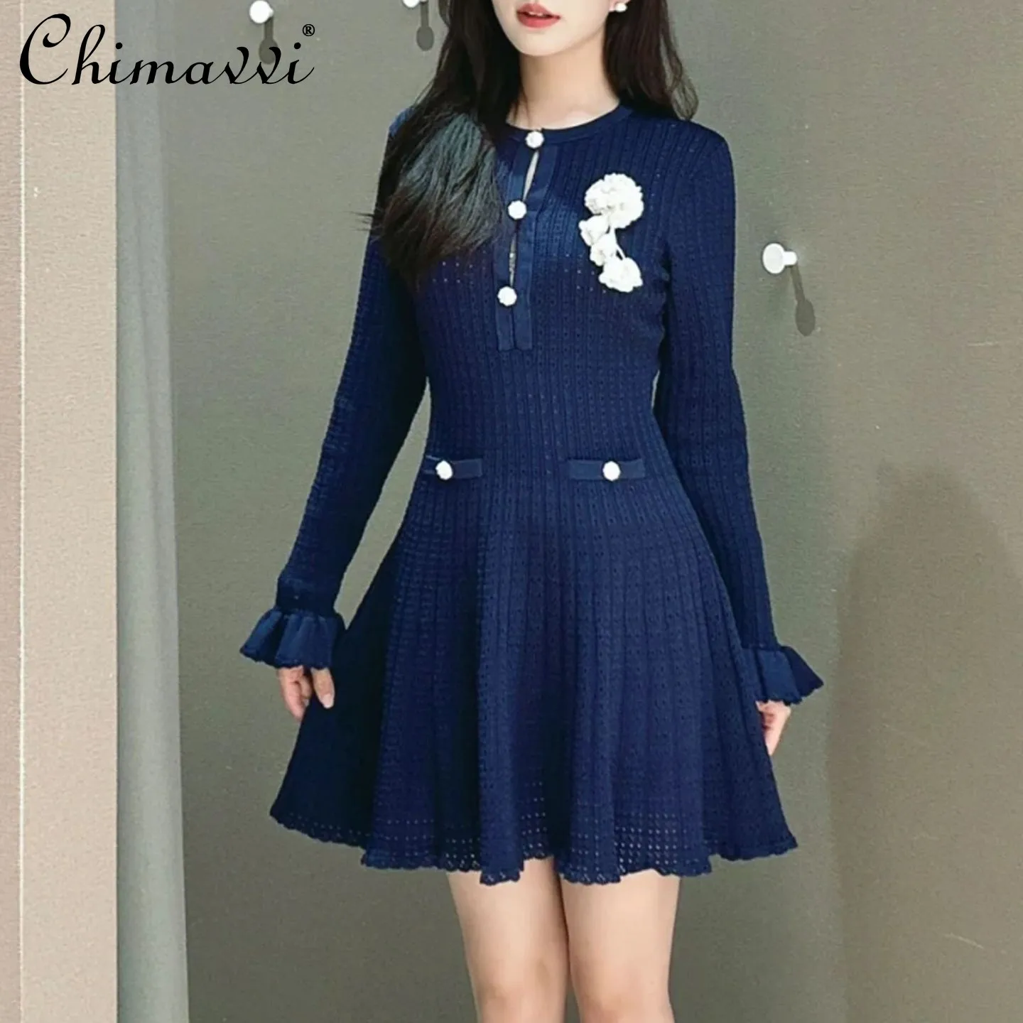 

Spring Autumn New Fashion Detachable Crochet French Style Elegant Short Dress for Women Slim Fit Round Neck Hollow Out Dress