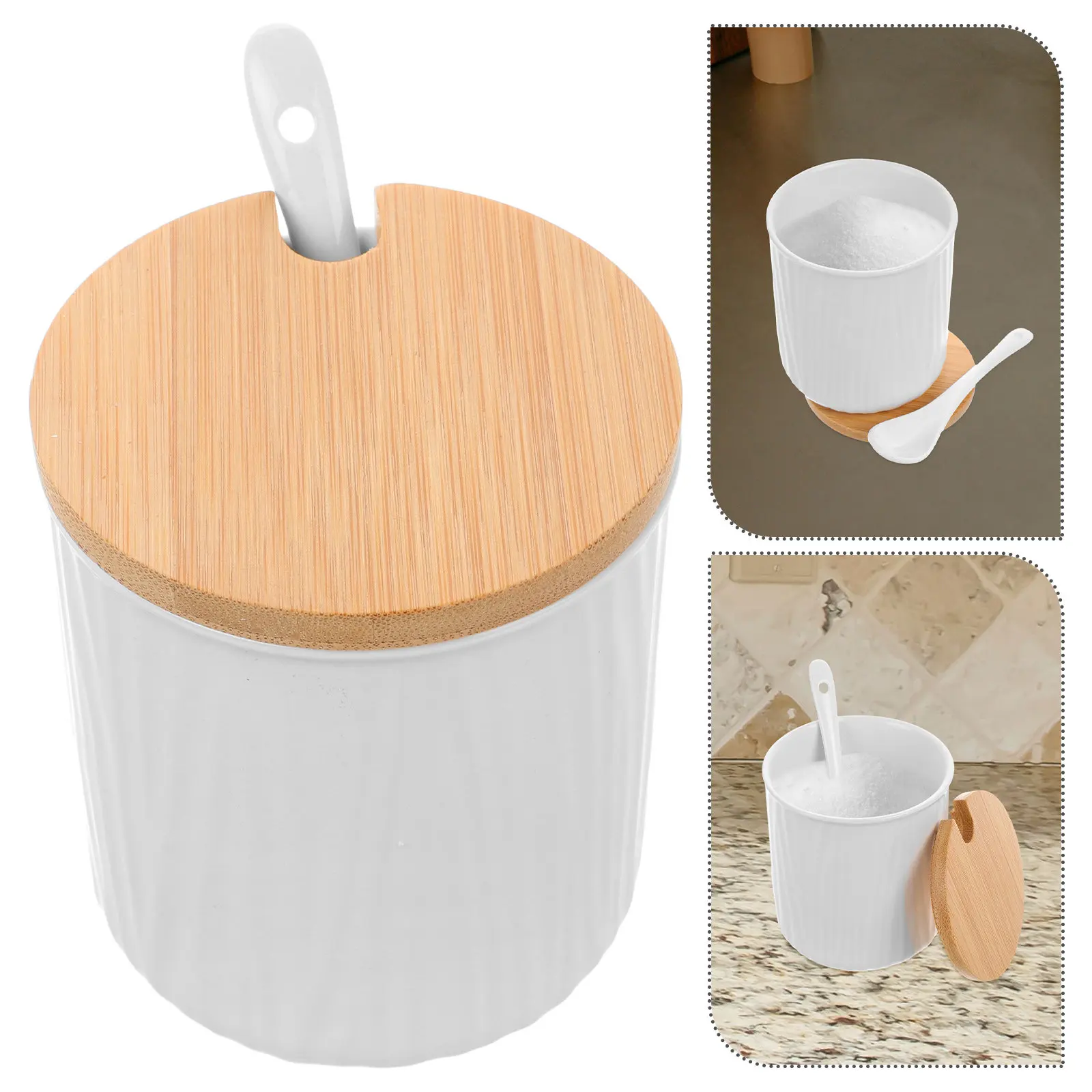 Ceramic Salt Storage Container 300Ml Lid Spoon Seasoning Bowl Condiment Jar Sugar Container Kitchen Use Salt Cellar with Spoon