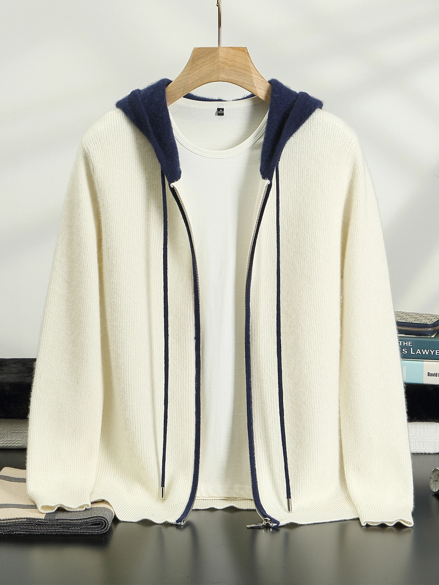 Autumn Winter Men's Cashmere Cardigan Sweater Hooded Color-block Zipper Casual Thick Warm Versatile Knit Jacket Daily Outwear