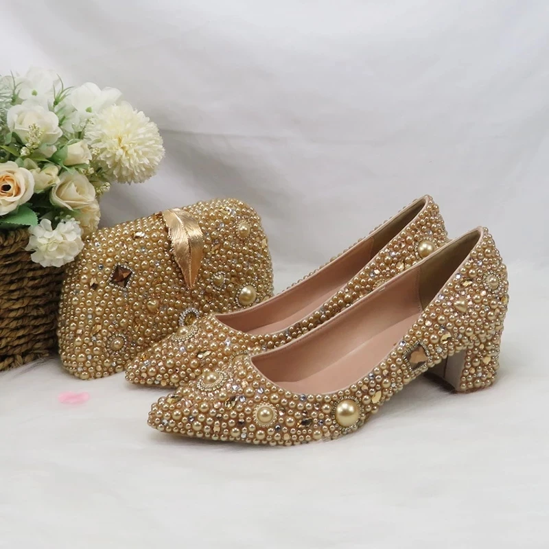 New Arrival Champagne Gold Bridal Wedding Shoes and bag Crystal Women Party Dress Shoes Square Heels Pointed Toe Pumps 8cm High