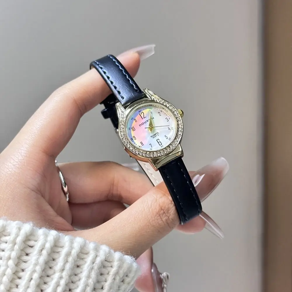 

Korean Style Soft Leather Strap Women's Watch Rhinestone Design Round Dial Ladies Quartz Watch Elegant Literary Watch Women Gift