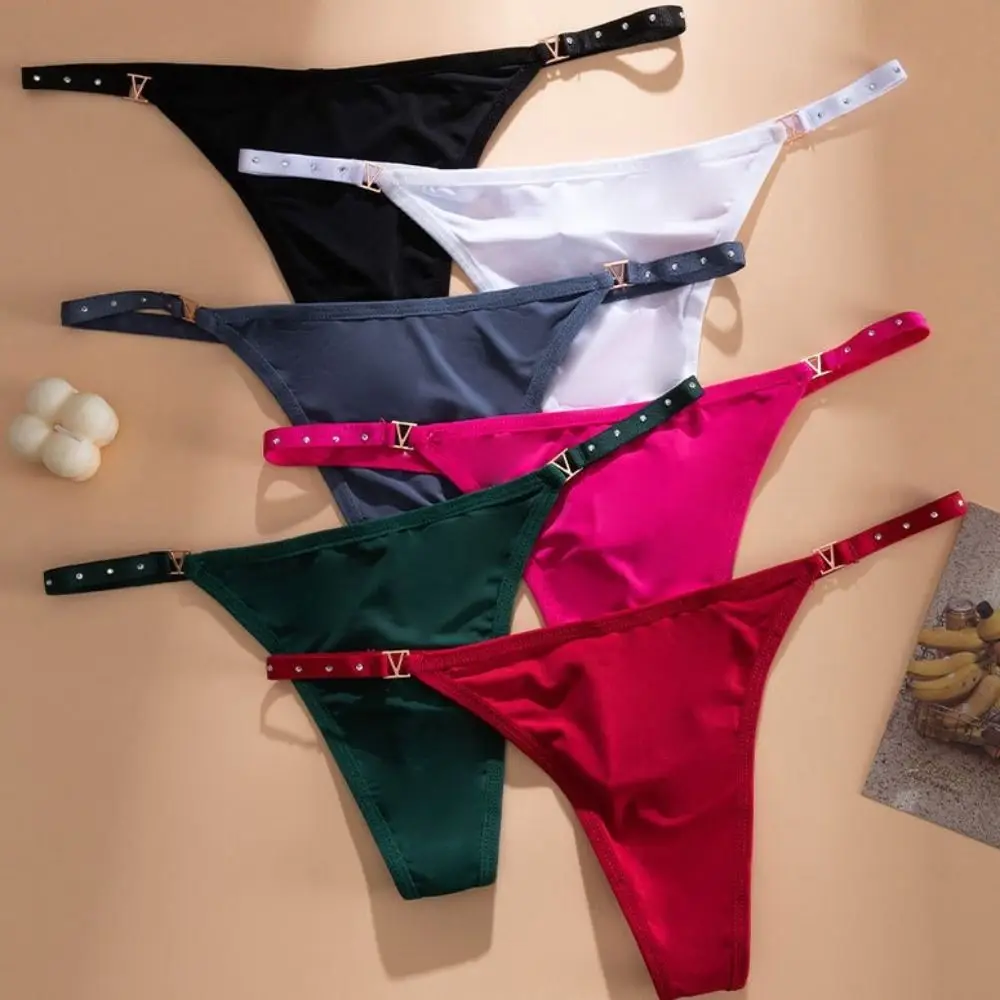 Solid Color Thin Strap Ice Silk Thongs Seamless Underpants Rhinestone G-Strings Cotton Crotch Lingerie Women's Briefs Female