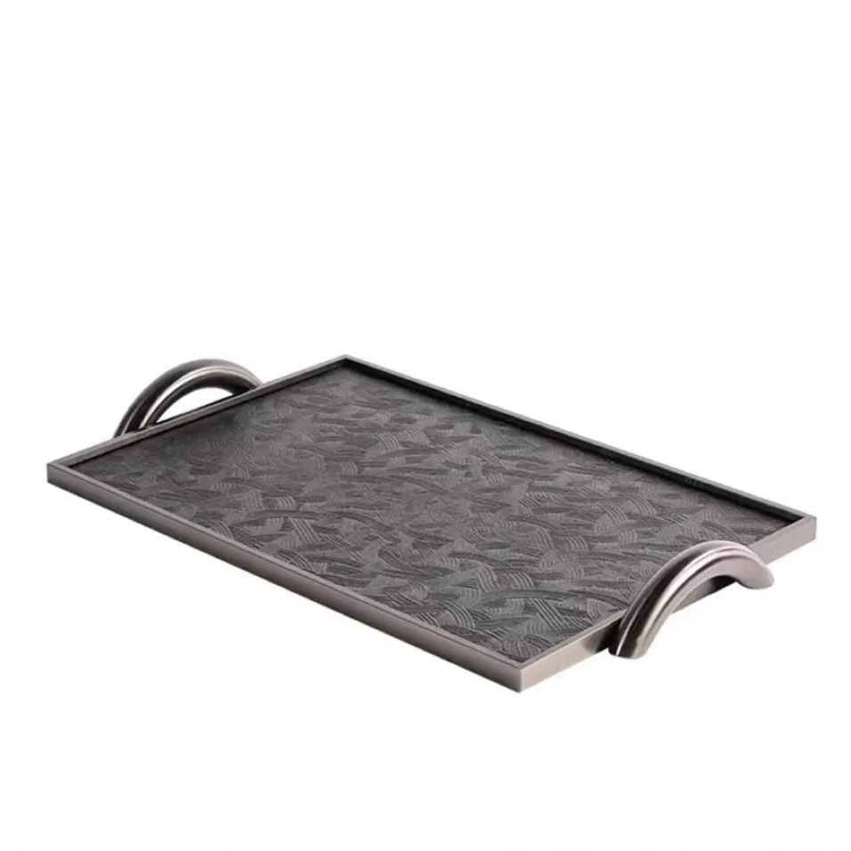Household Light Luxury Storage Tray Metal Leather Spliced Plate Bedroom Cloakroom Display Decor Piece