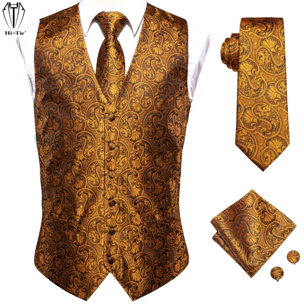 

Orange Jacquard Silk Mens Vests Tie Set Adjustable Jacquard Western Waistcoat Jacket Necktie Hanky Cufflinks Wedding Business