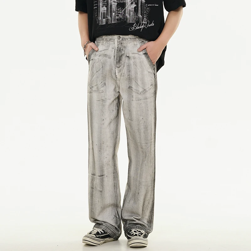 2024 Spring and Summer Washed Vintage Jeans Men's Loose Straight Ankle-Tied American High Street Draped Pants