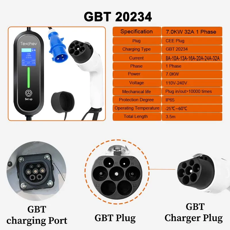 المحمولة 32A 7kW شاحن سيارات كهربائية محمول نوع 1 نوع 2 كابل شحن سريع GBT Wallbox محطة شحن المنزل للمركبات الكهربائية #3