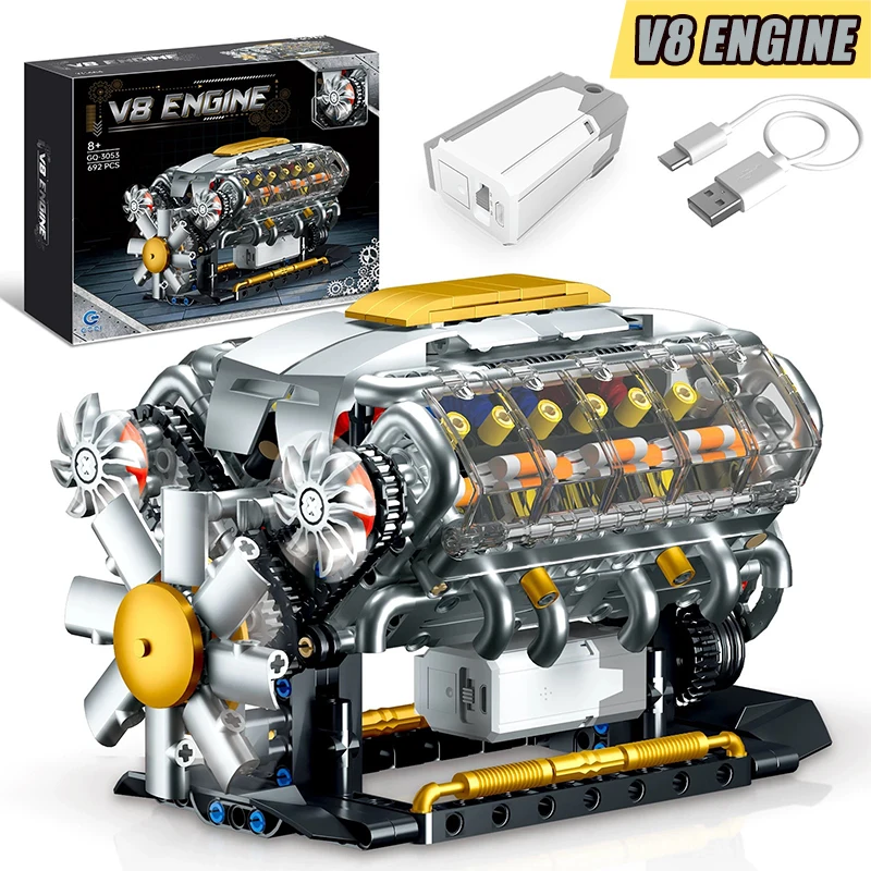 Technische mechanische elektrische V8-motor bouwstenen simulatie automotor MOC-stenen wetenschap onderwijs speelgoed kinderen volwassenen cadeau