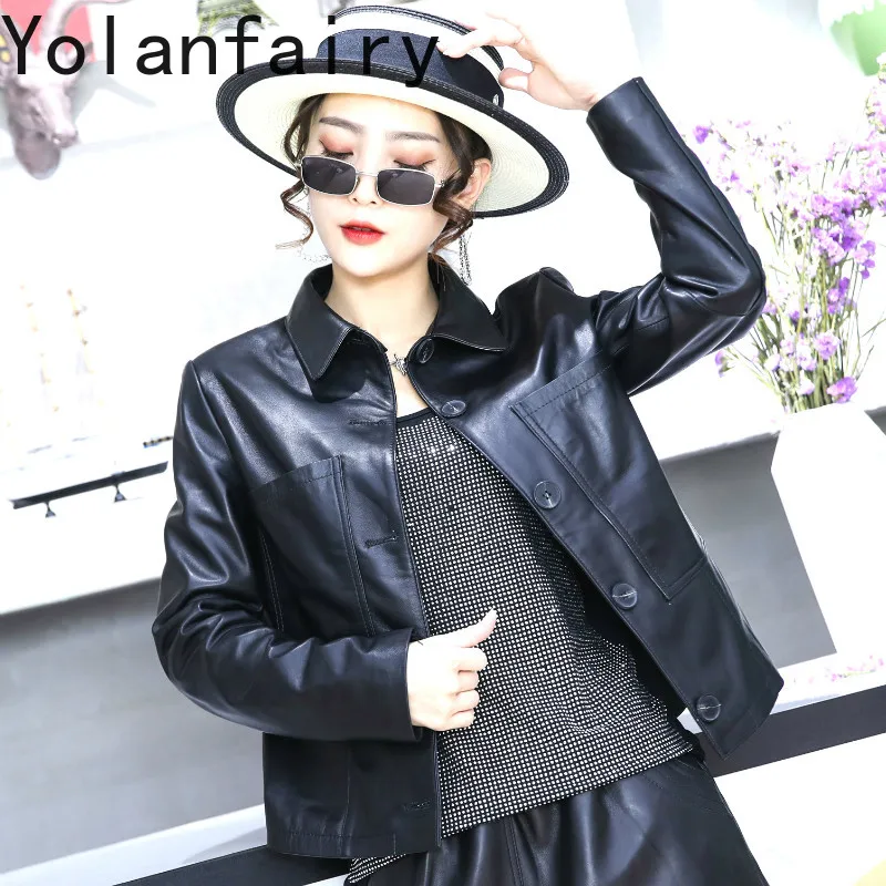 YOLANFAIRY 2026 Real Sheepskin Coat Autumn Korean Style Women Cropped Leather Jacket Black Long Sleeve Versatile Short Outerwear