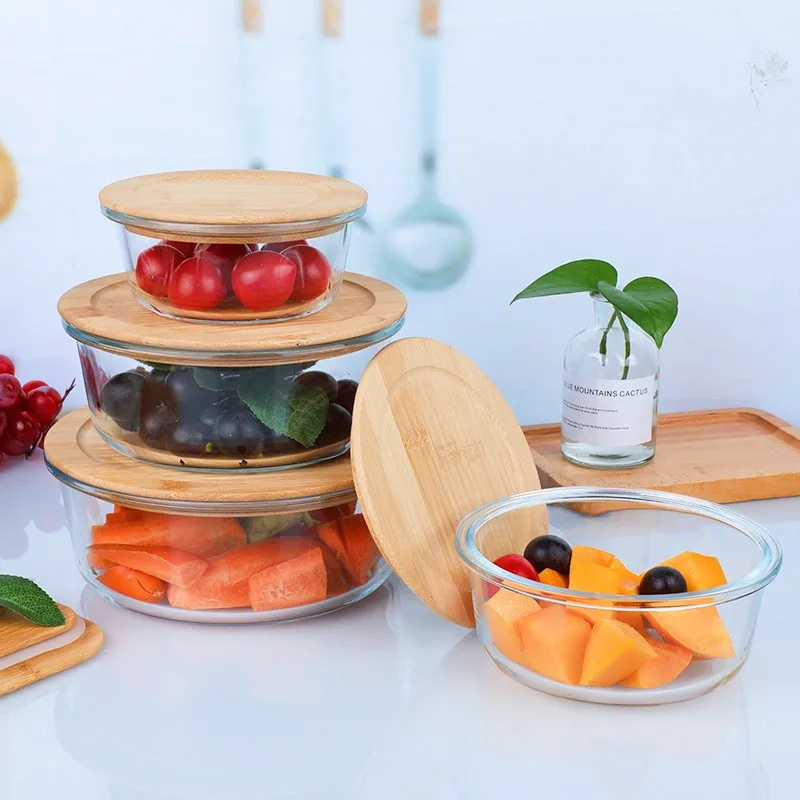 Microwave Safe Glass Lunch Box with Bamboo Lid Sealed Preservation Container Transparent Glass Bowl for Easy Meal Prepping view 3