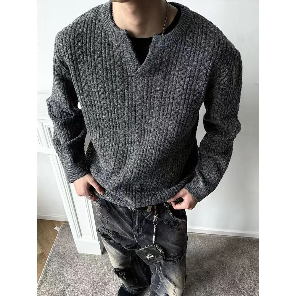 

Loose Fit Men's Knitwear American Sle Twist Design Sweater Henry Collar Large Size 250 Pou Autumn Winter Polyester Fiber